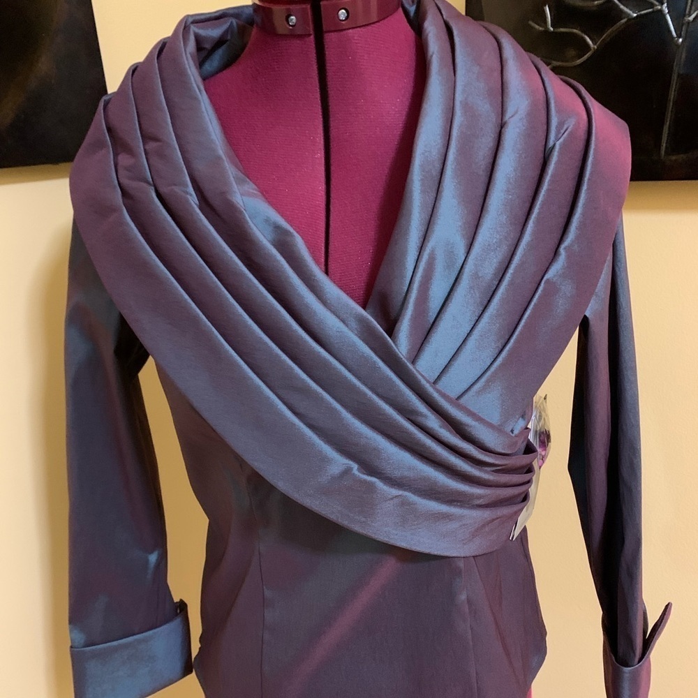 Samuel Dong Shimmering Iridescent Purple Wrap Top Pleated Portrait Collar NWT